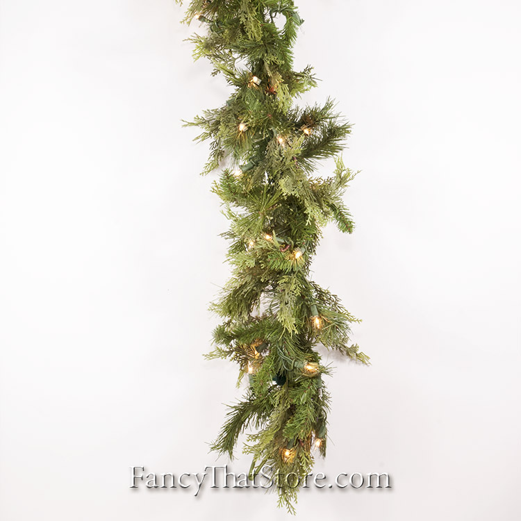 Mixed Pine and Cedar Garland with Lights - 9 Feet Long