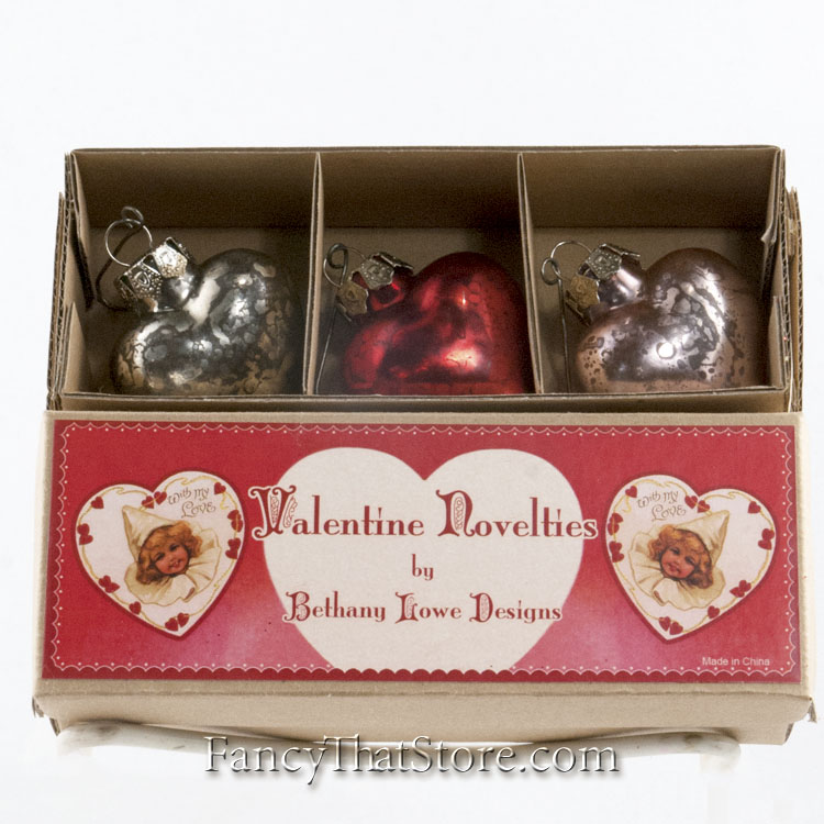 Mercury Glass Heart Ornaments in Box by Bethany Lowe - Set of 3