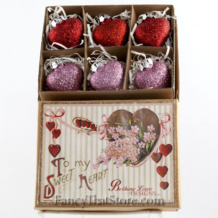 Glittered Heart Ornaments in Box - Set of 6