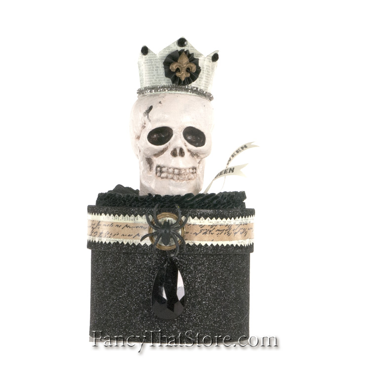Skull with Crown on Black Round Box by Heather Myers